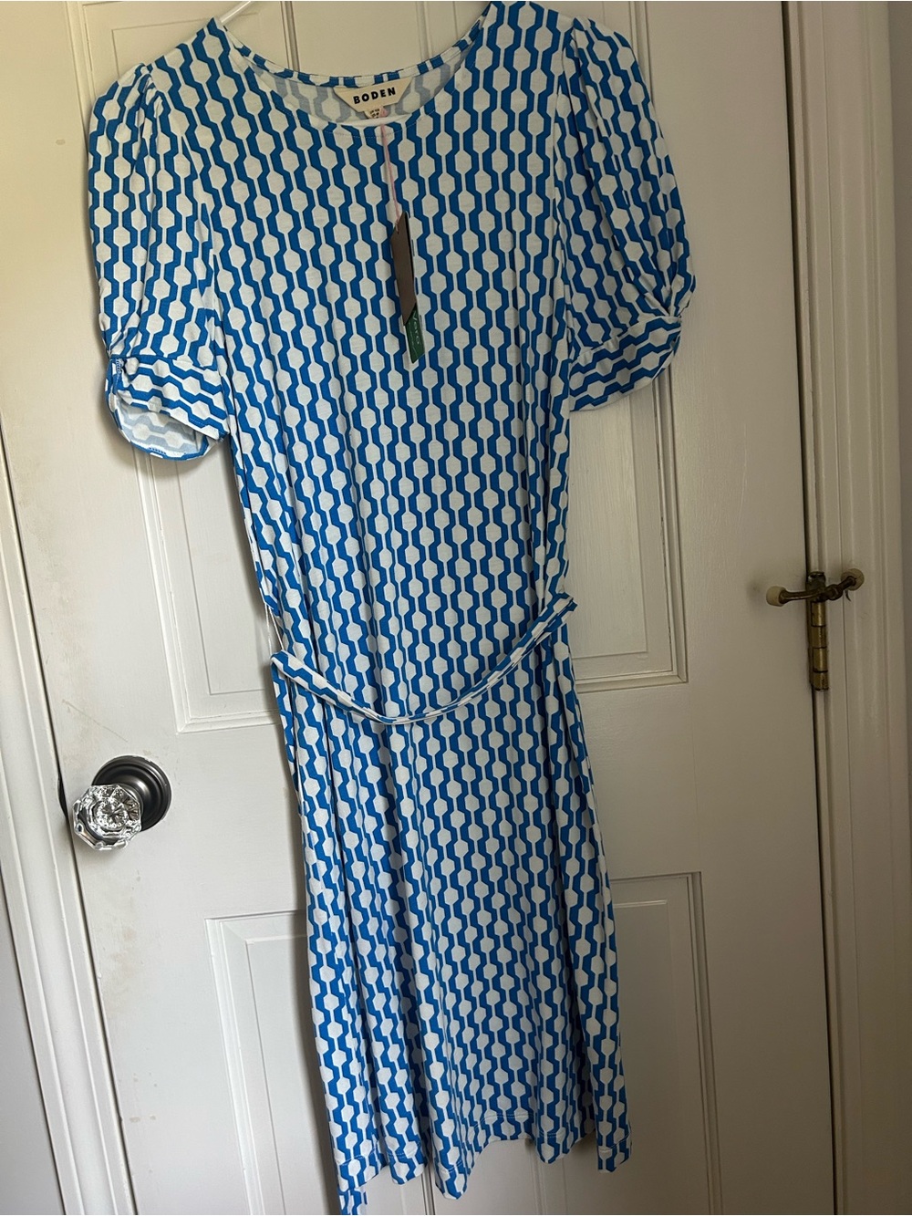 Boden Blue and White Geometric-Print Midi Dress